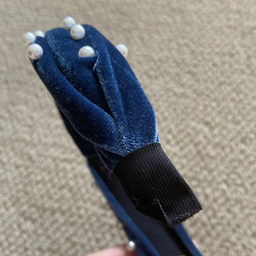 Blue Velvet Headband with Faux Pearls